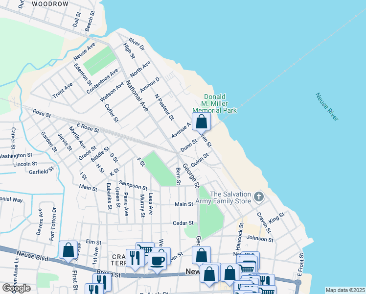 map of restaurants, bars, coffee shops, grocery stores, and more near 405 Avenue A in New Bern