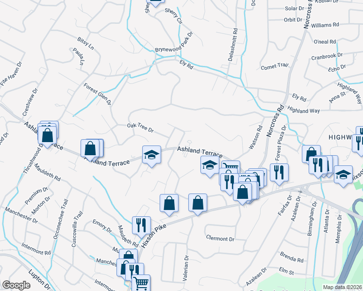 map of restaurants, bars, coffee shops, grocery stores, and more near 3604 Forest Highland Drive in Chattanooga