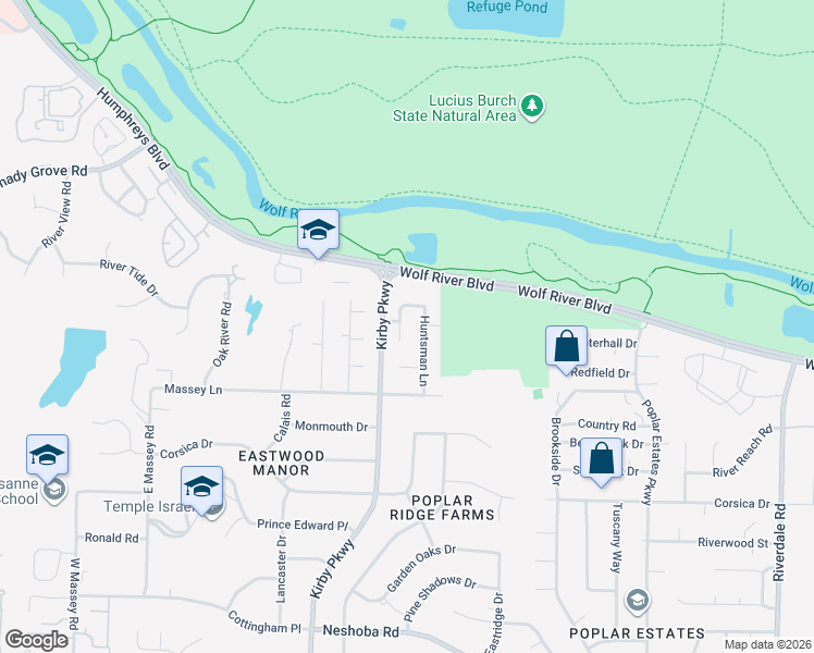 map of restaurants, bars, coffee shops, grocery stores, and more near 1139 Huntsman Lane in Memphis