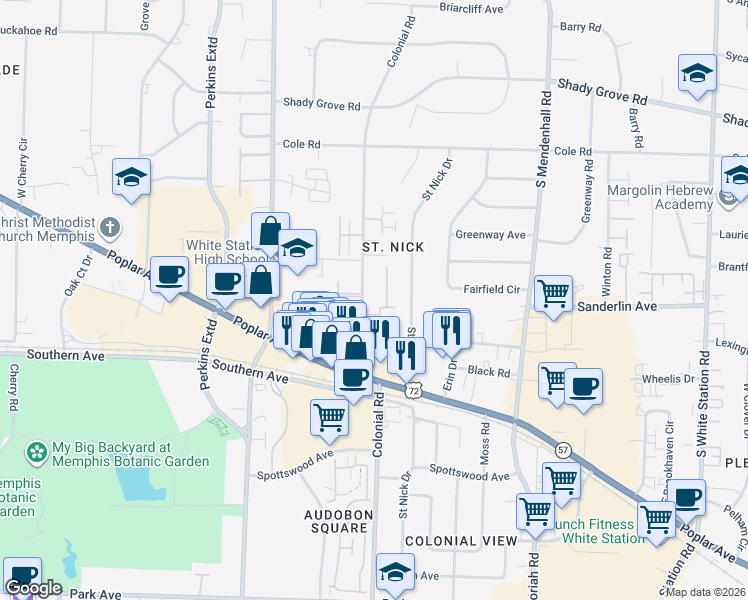 map of restaurants, bars, coffee shops, grocery stores, and more near 480 Colonial Road in Memphis
