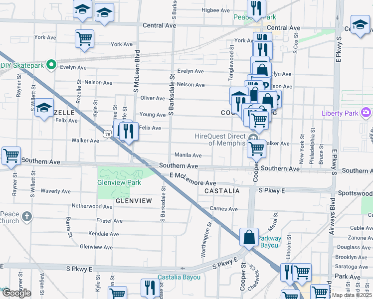 map of restaurants, bars, coffee shops, grocery stores, and more near 1956 Walker Avenue in Memphis