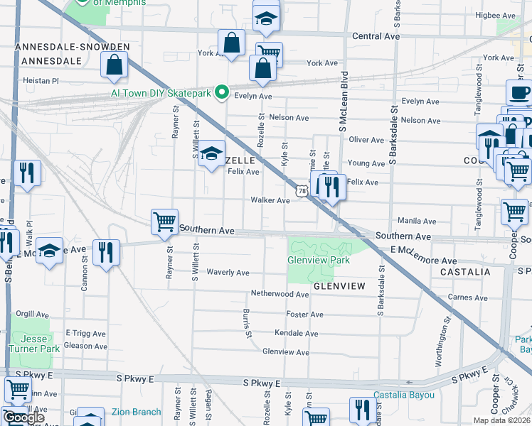 map of restaurants, bars, coffee shops, grocery stores, and more near 1676 Walker Avenue in Memphis