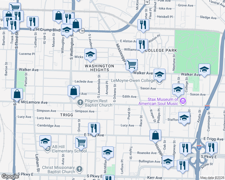 map of restaurants, bars, coffee shops, grocery stores, and more near 595 Laclede Avenue in Memphis