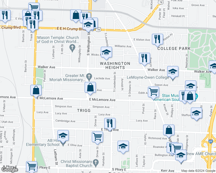 map of restaurants, bars, coffee shops, grocery stores, and more near 559 Laclede Avenue in Memphis