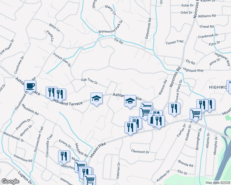map of restaurants, bars, coffee shops, grocery stores, and more near 3604 Forest Highland Drive in Chattanooga