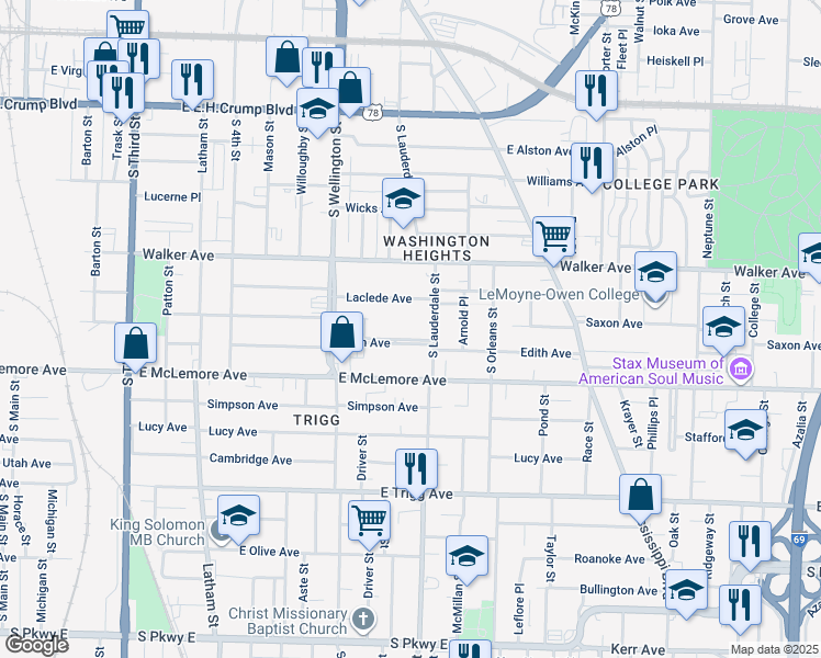 map of restaurants, bars, coffee shops, grocery stores, and more near 559 Laclede Avenue in Memphis