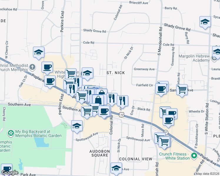 map of restaurants, bars, coffee shops, grocery stores, and more near 480 Colonial Road in Memphis