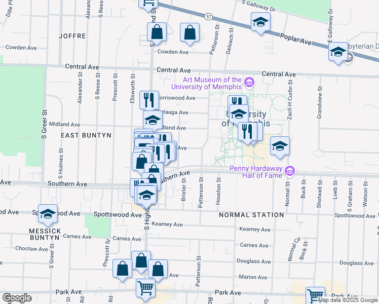 map of restaurants, bars, coffee shops, grocery stores, and more near 3605 Mynders Avenue in Memphis