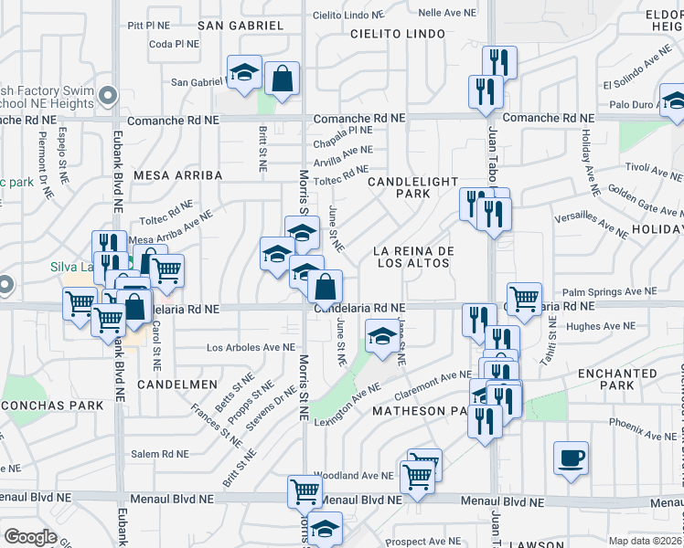 map of restaurants, bars, coffee shops, grocery stores, and more near 3155 June Street Northeast in Albuquerque