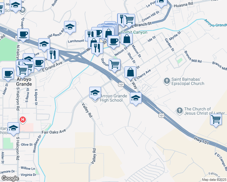 map of restaurants, bars, coffee shops, grocery stores, and more near 417 Orchard Street in Arroyo Grande