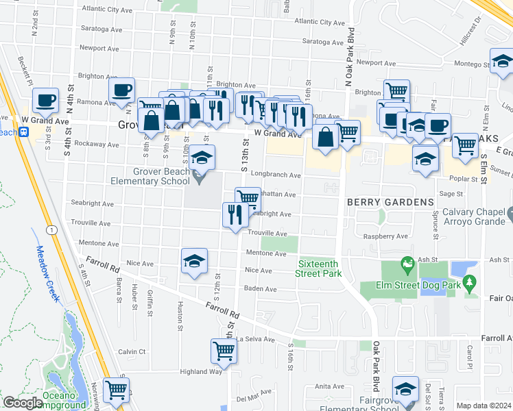 map of restaurants, bars, coffee shops, grocery stores, and more near 1342 Manhattan Avenue in Grover Beach