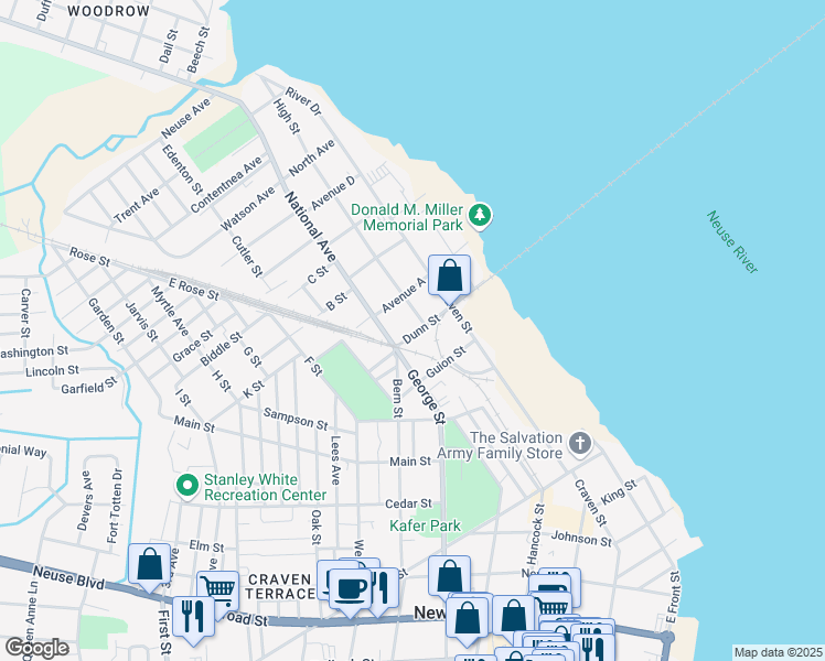 map of restaurants, bars, coffee shops, grocery stores, and more near 405 Avenue A in New Bern