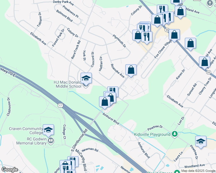 map of restaurants, bars, coffee shops, grocery stores, and more near 3106 Elizabeth Avenue in New Bern