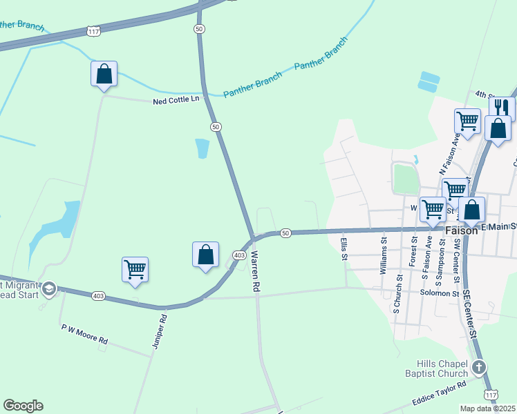 map of restaurants, bars, coffee shops, grocery stores, and more near 139 North Carolina 50 in Faison