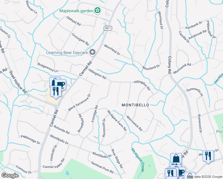 map of restaurants, bars, coffee shops, grocery stores, and more near 3014 Foxridge Road in Charlotte