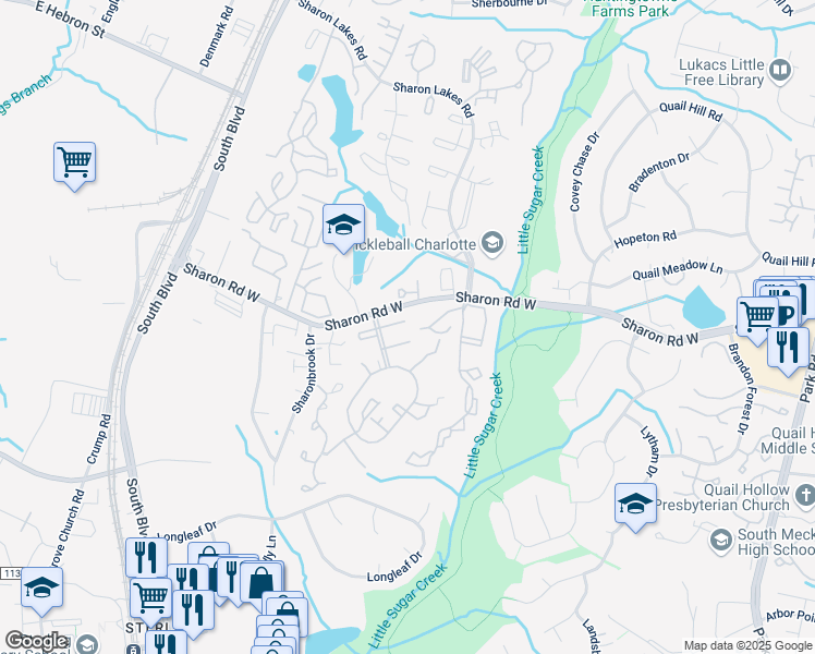 map of restaurants, bars, coffee shops, grocery stores, and more near 8015 Regent Park Lane in Charlotte