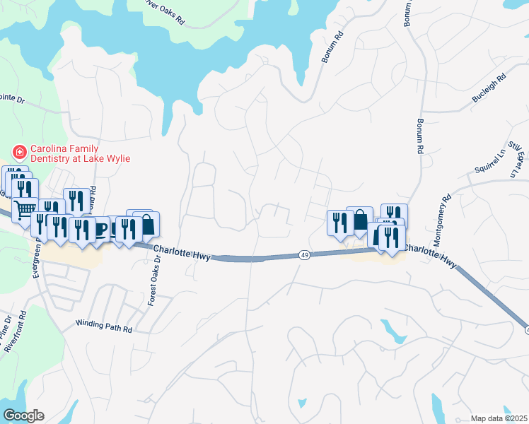 map of restaurants, bars, coffee shops, grocery stores, and more near 25 Hamiltons Harbor Drive in Lake Wylie