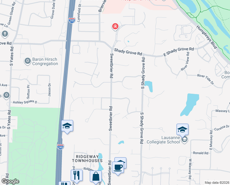 map of restaurants, bars, coffee shops, grocery stores, and more near 472 Sweetbrier Road in Memphis