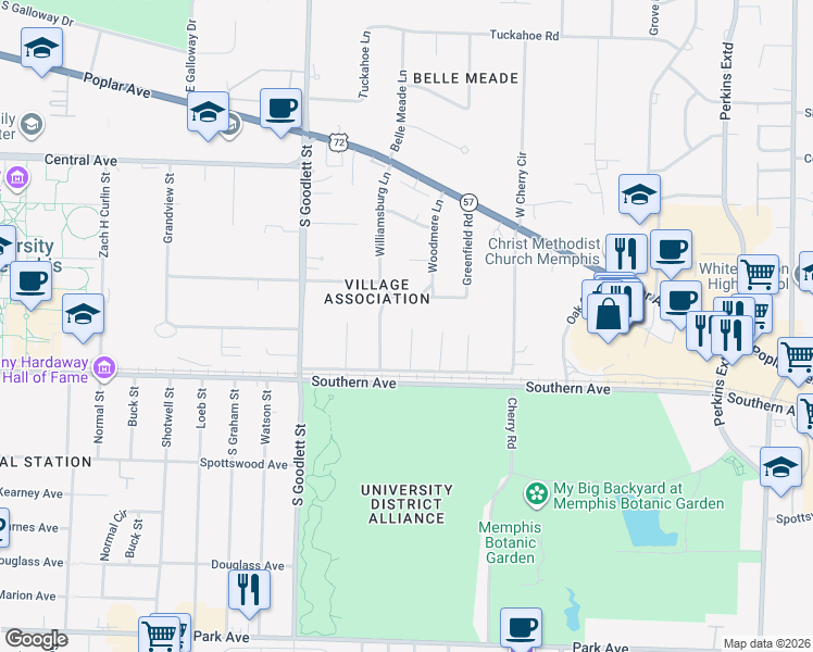 map of restaurants, bars, coffee shops, grocery stores, and more near 4201 Grandview Avenue in Memphis