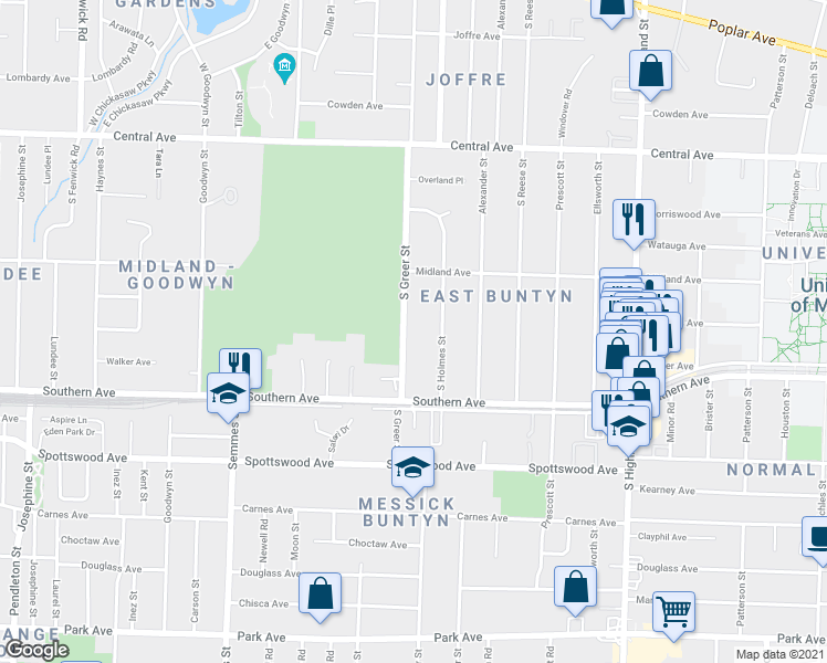 map of restaurants, bars, coffee shops, grocery stores, and more near 507 South Holmes Street in Memphis