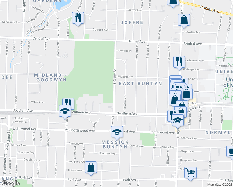 map of restaurants, bars, coffee shops, grocery stores, and more near 510 South Greer Street in Memphis