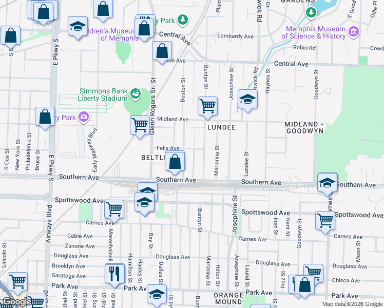 map of restaurants, bars, coffee shops, grocery stores, and more near 518 Boston Street in Memphis