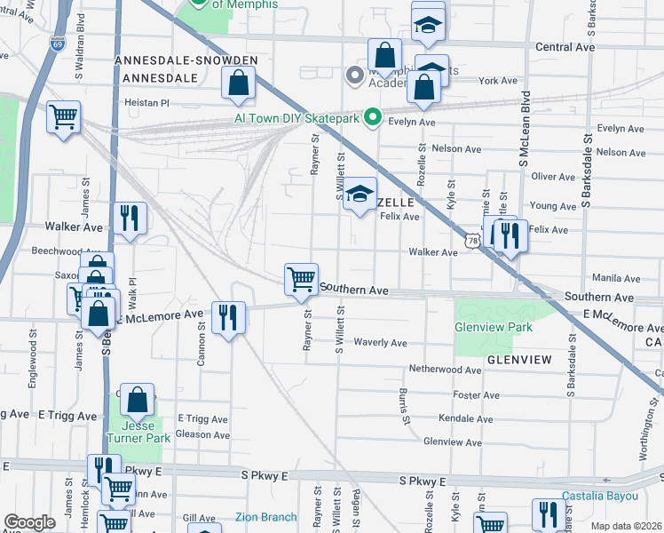 map of restaurants, bars, coffee shops, grocery stores, and more near 1032 South Willett Street in Memphis
