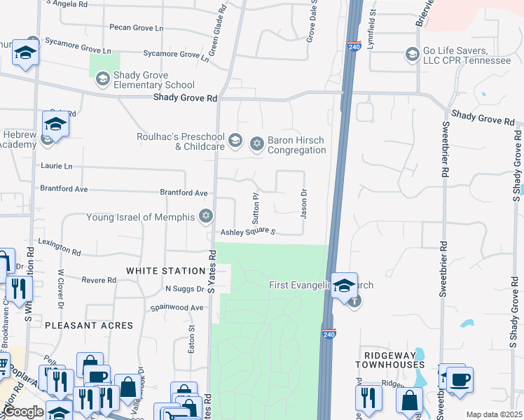 map of restaurants, bars, coffee shops, grocery stores, and more near 496 Sutton Place in Memphis