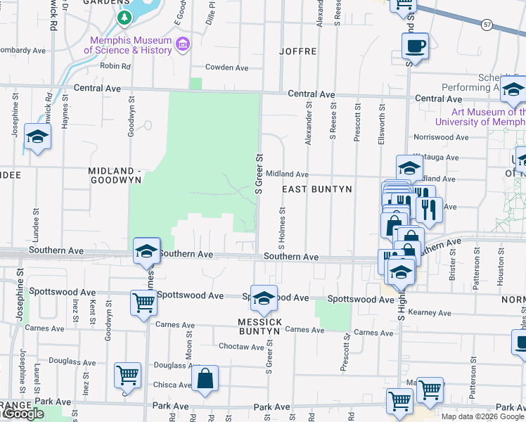 map of restaurants, bars, coffee shops, grocery stores, and more near 510 South Greer Street in Memphis