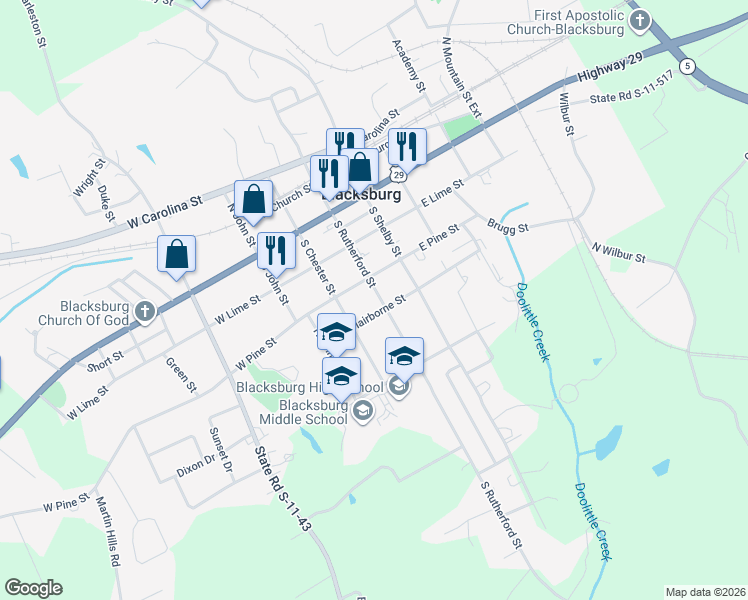 map of restaurants, bars, coffee shops, grocery stores, and more near 203 West Pine Street in Blacksburg