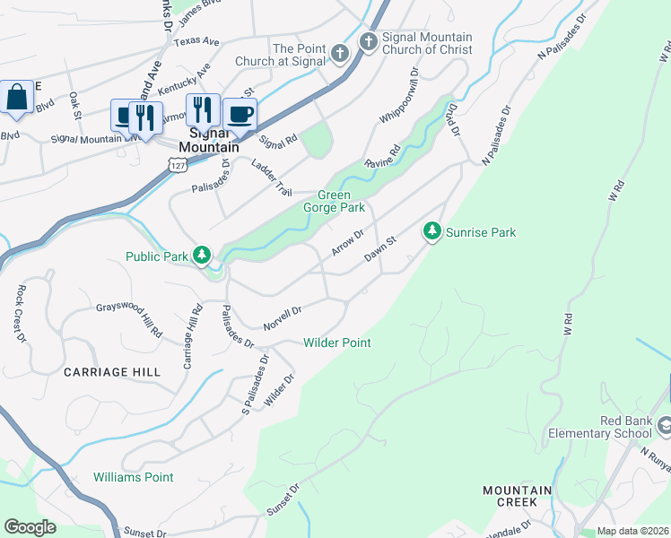 map of restaurants, bars, coffee shops, grocery stores, and more near 202 Arrow Drive in Signal Mountain