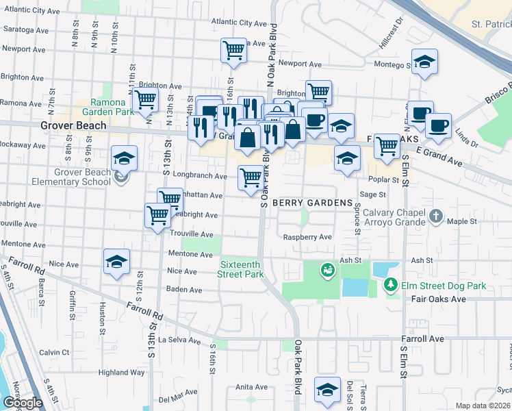 map of restaurants, bars, coffee shops, grocery stores, and more near 436 South Oak Park Boulevard in Grover Beach
