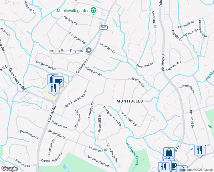 map of restaurants, bars, coffee shops, grocery stores, and more near 3014 Foxridge Road in Charlotte