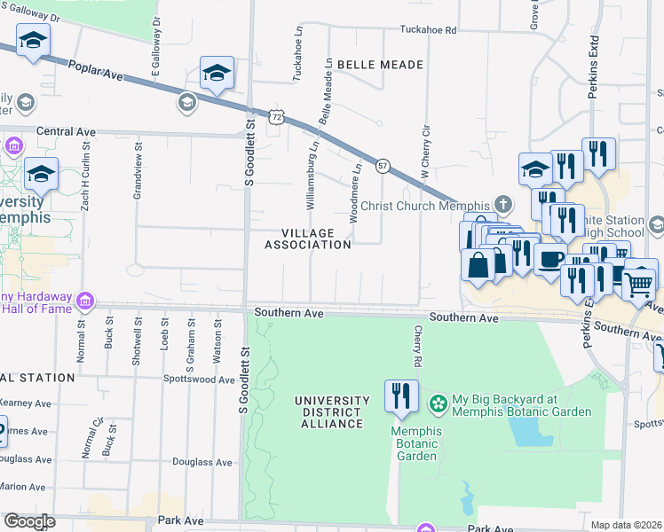 map of restaurants, bars, coffee shops, grocery stores, and more near 4201 Grandview Avenue in Memphis