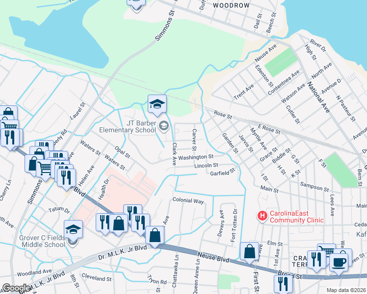 map of restaurants, bars, coffee shops, grocery stores, and more near 1605 Cobb Street in New Bern