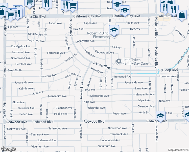 map of restaurants, bars, coffee shops, grocery stores, and more near 8861 Ironwood Avenue in California City