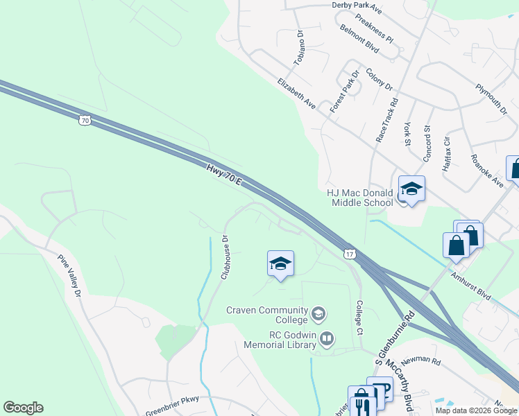 map of restaurants, bars, coffee shops, grocery stores, and more near 2016 Fairways West Drive in New Bern