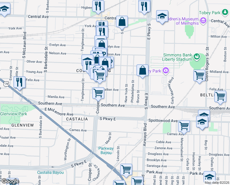 map of restaurants, bars, coffee shops, grocery stores, and more near 1028 Meda Street in Memphis