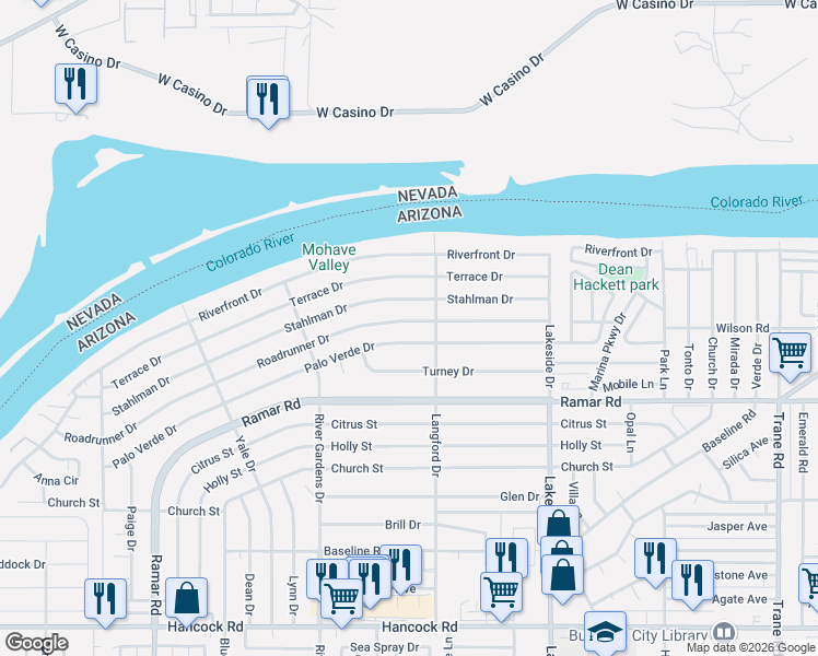 map of restaurants, bars, coffee shops, grocery stores, and more near 863 Roadrunner Drive in Bullhead City