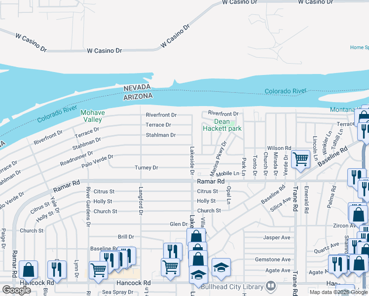 map of restaurants, bars, coffee shops, grocery stores, and more near 985 Roadrunner Drive in Bullhead City