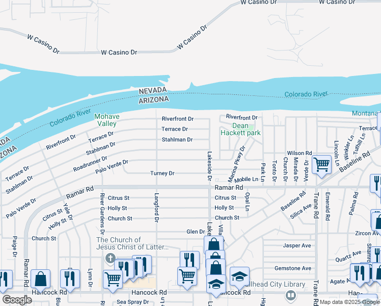 map of restaurants, bars, coffee shops, grocery stores, and more near 941 Roadrunner Drive in Bullhead City