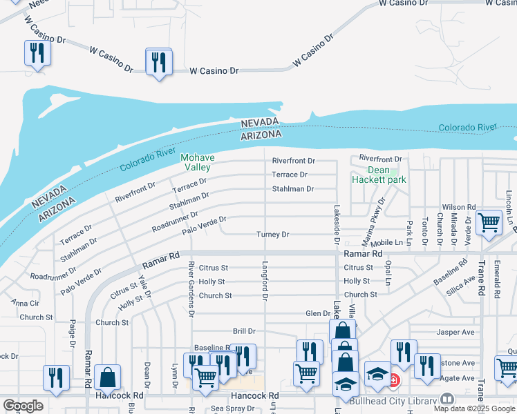 map of restaurants, bars, coffee shops, grocery stores, and more near 863 Roadrunner Drive in Bullhead City
