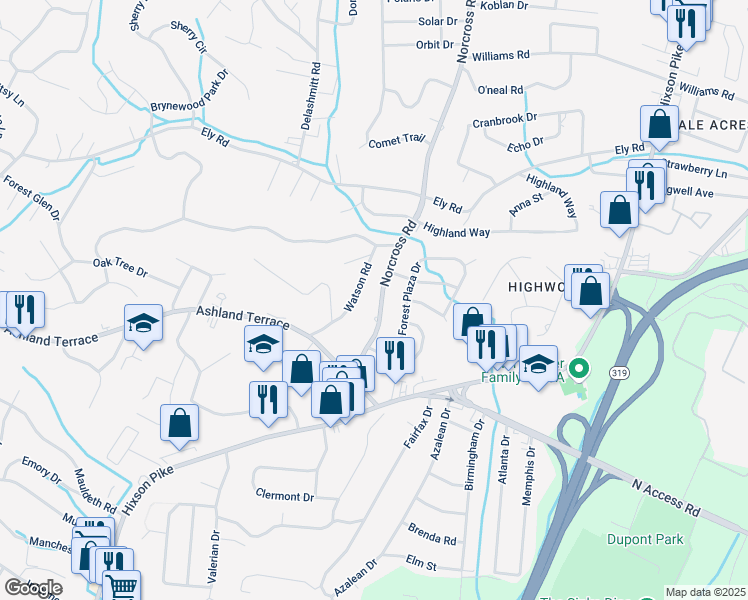 map of restaurants, bars, coffee shops, grocery stores, and more near 4115 Norcross Road in Chattanooga