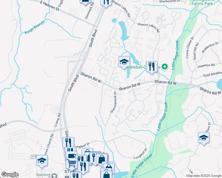 map of restaurants, bars, coffee shops, grocery stores, and more near 1508 Sharon Road West in Charlotte
