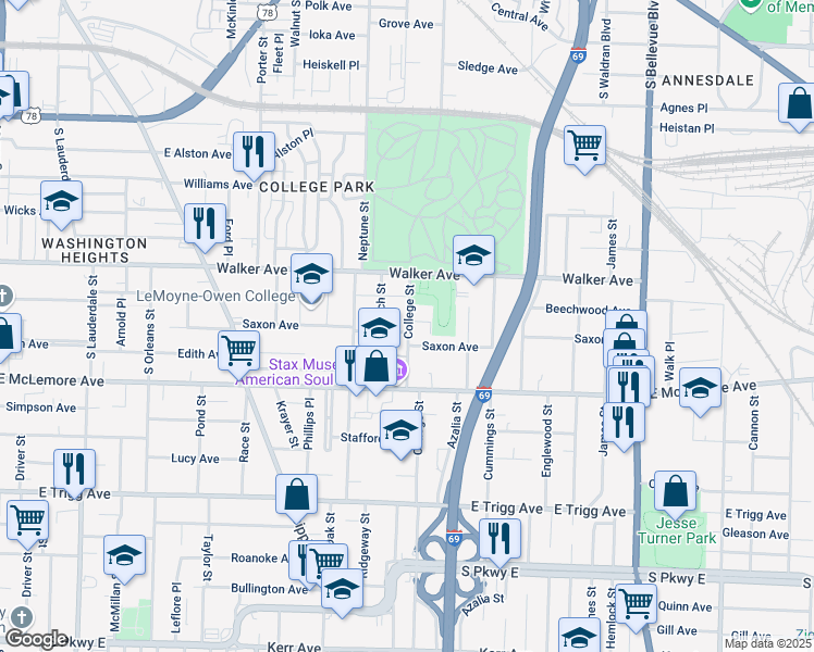 map of restaurants, bars, coffee shops, grocery stores, and more near 1056 Beach Street in Memphis