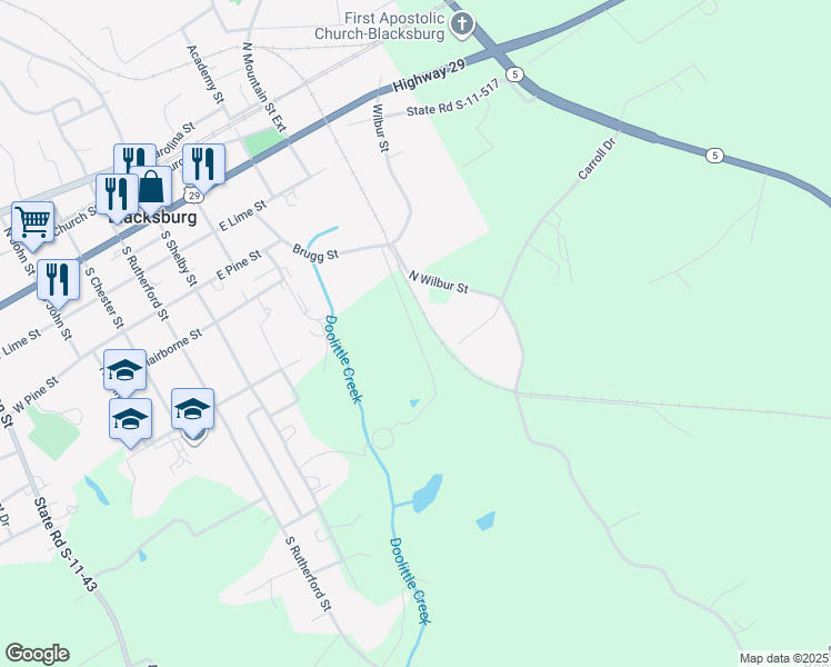 map of restaurants, bars, coffee shops, grocery stores, and more near State Road S-11-382 in Blacksburg