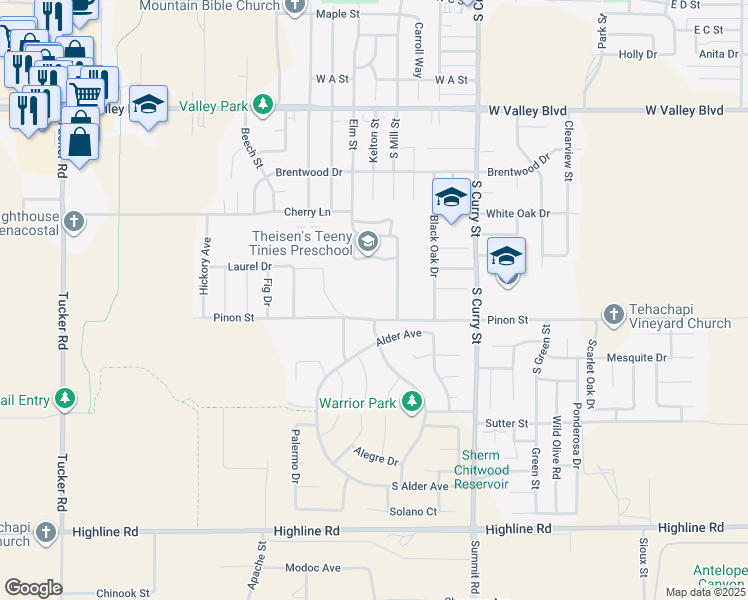 map of restaurants, bars, coffee shops, grocery stores, and more near Applewood Drive in Tehachapi