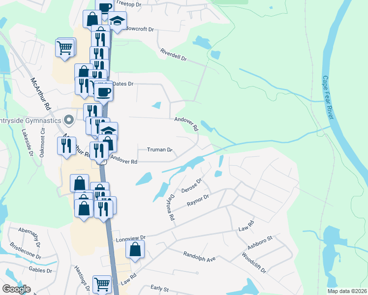 map of restaurants, bars, coffee shops, grocery stores, and more near 235 Croydon Avenue in Fayetteville