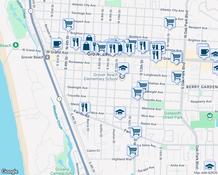map of restaurants, bars, coffee shops, grocery stores, and more near 919 Seabright Avenue in Grover Beach