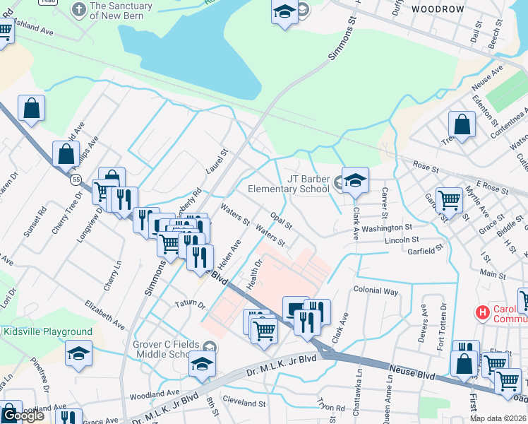 map of restaurants, bars, coffee shops, grocery stores, and more near 2103 Opal St in New Bern